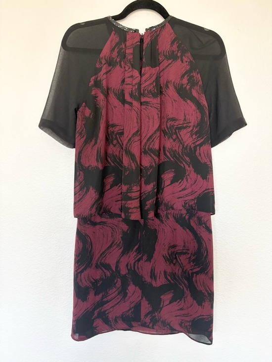 Reiss Black Burgundy Swirl Print Chiffon Dress Beaded Collar Sheer Sleeve Size 2 - Picture 3 of 9